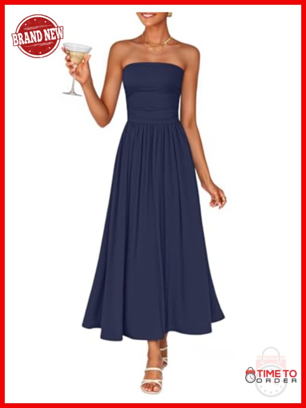Strapless Formal Midi Dress Ruched Bodice Flowy Wedding Guest
